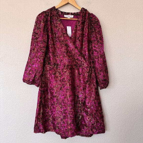 Loft Shimmer Floral Velvet Faux Wrap Dress Size 8 Purple Pink Gold - Picture 2 of 11